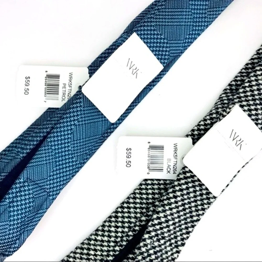 New! WRK 2 Neck Tie Bundle Silk Wool Blue Black White Houndstooth Plaid